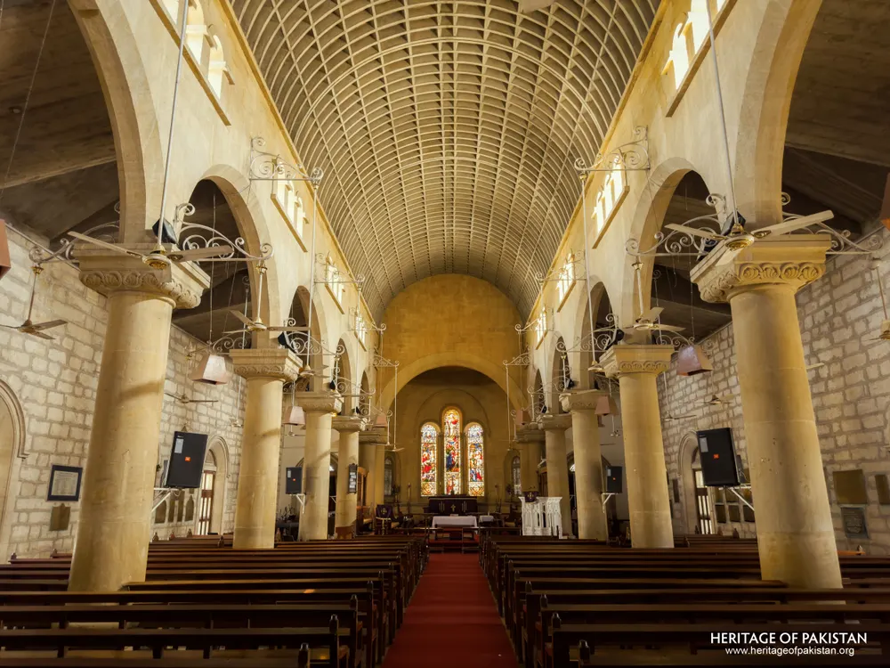 Nave view of Holy Trinity Church showing the coffered ribbed ceiling pattern