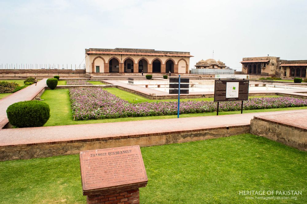Classical Mughal garden layout with flowering beds and central platform